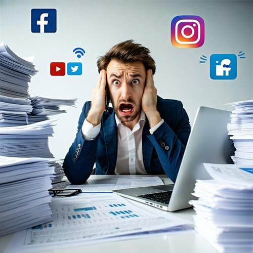 Professional mortgage loan officer sitting at a desk looking frustrated with piles of paperwork phone in hand laptop open with multiple social media tabs visible In the background faded icons of Facebook LinkedIn and Instagram The scene should feel b-2