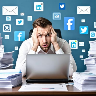 Professional mortgage loan officer sitting at a desk looking frustrated with piles of paperwork phone in hand laptop open with multiple social media tabs visible In the background faded icons of Facebook LinkedIn and Instagram The scene should feel b