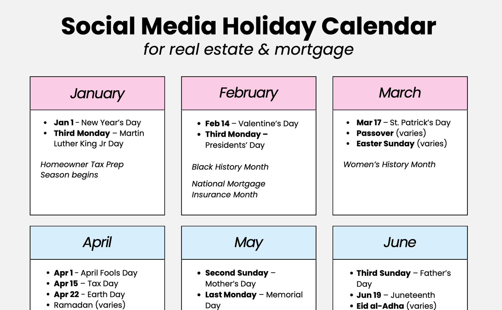 Social Media Holiday Calendar for Real Estate and Mortgage